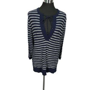 Loft Women's Blue Gray Striped Pullover 3/4 Sleeve See Through  Shirt Size Large
